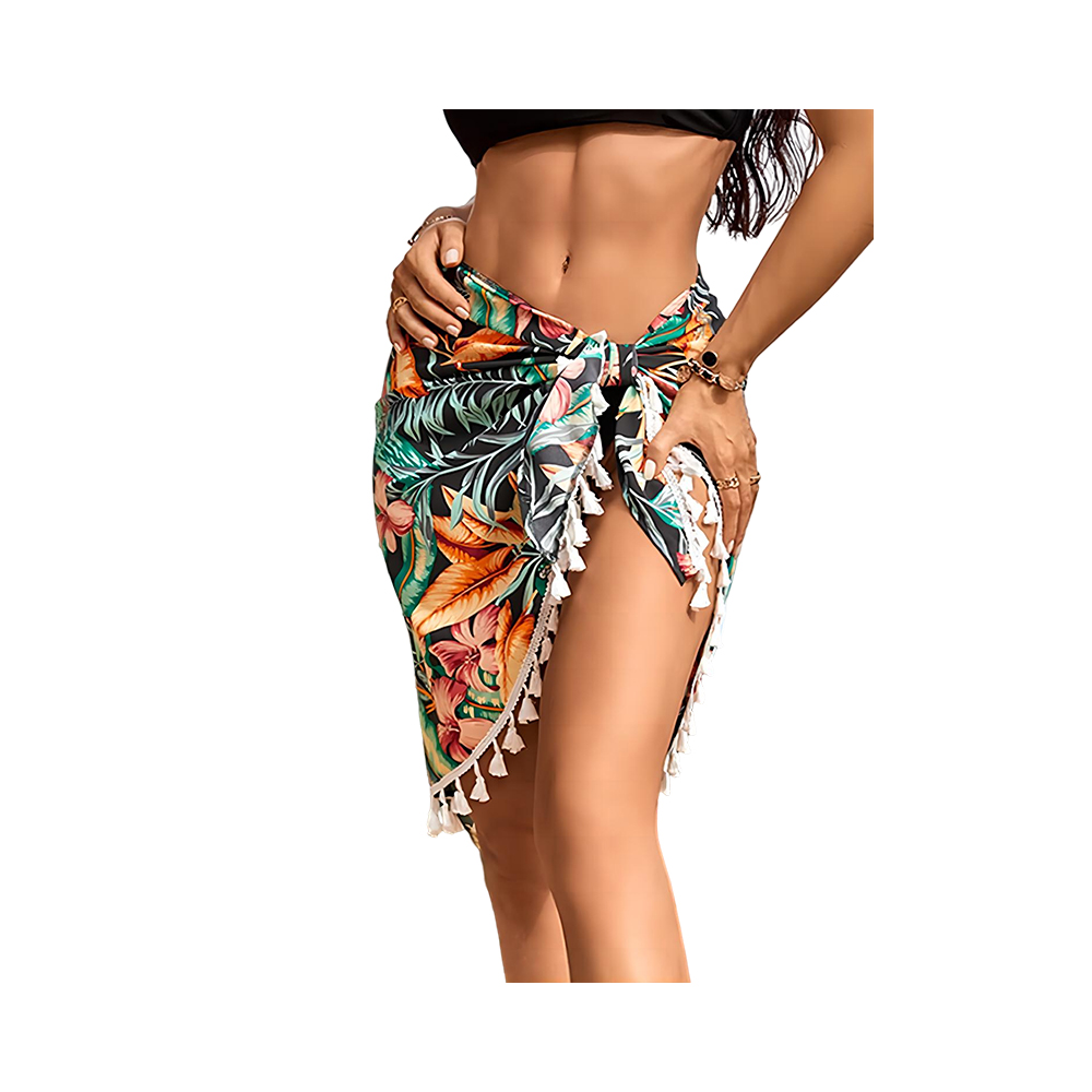 Copri bikini corto in chiffon con stampa stile hawaii, pareo, con nappa