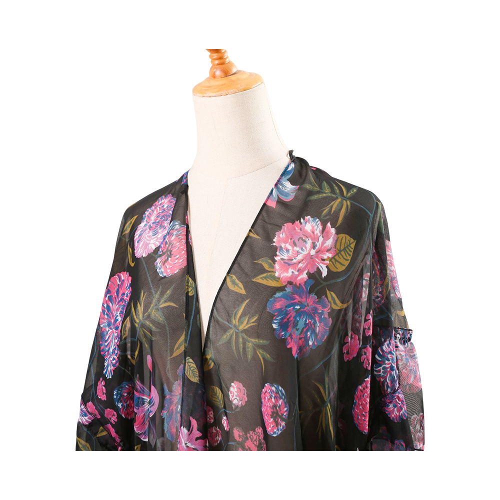 Cardigan kimono in chiffon con maniche a sbuffo con stampa floreale da donna, top camicetta casual con copertura ampia