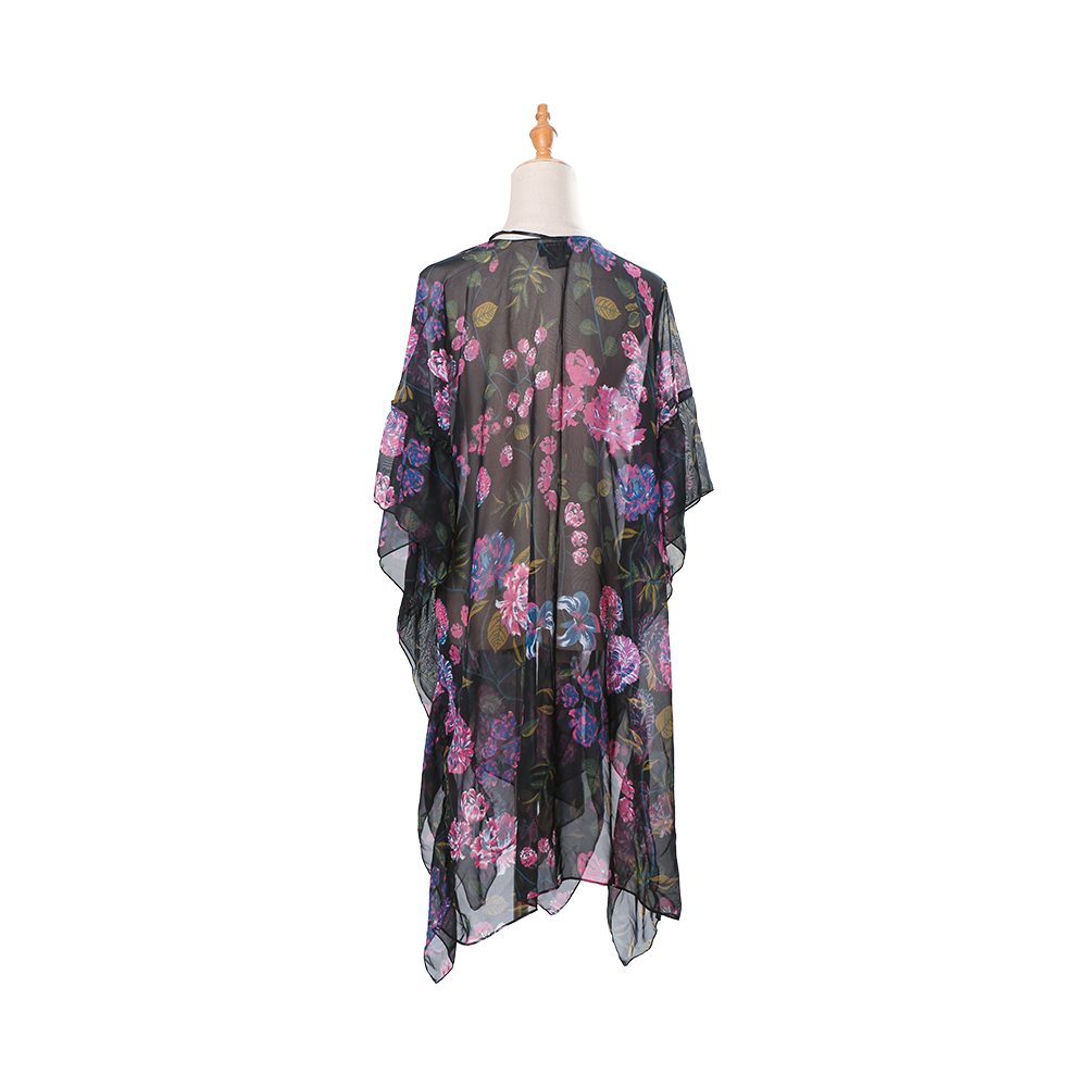 Cardigan kimono in chiffon con maniche a sbuffo con stampa floreale da donna, top camicetta casual con copertura ampia