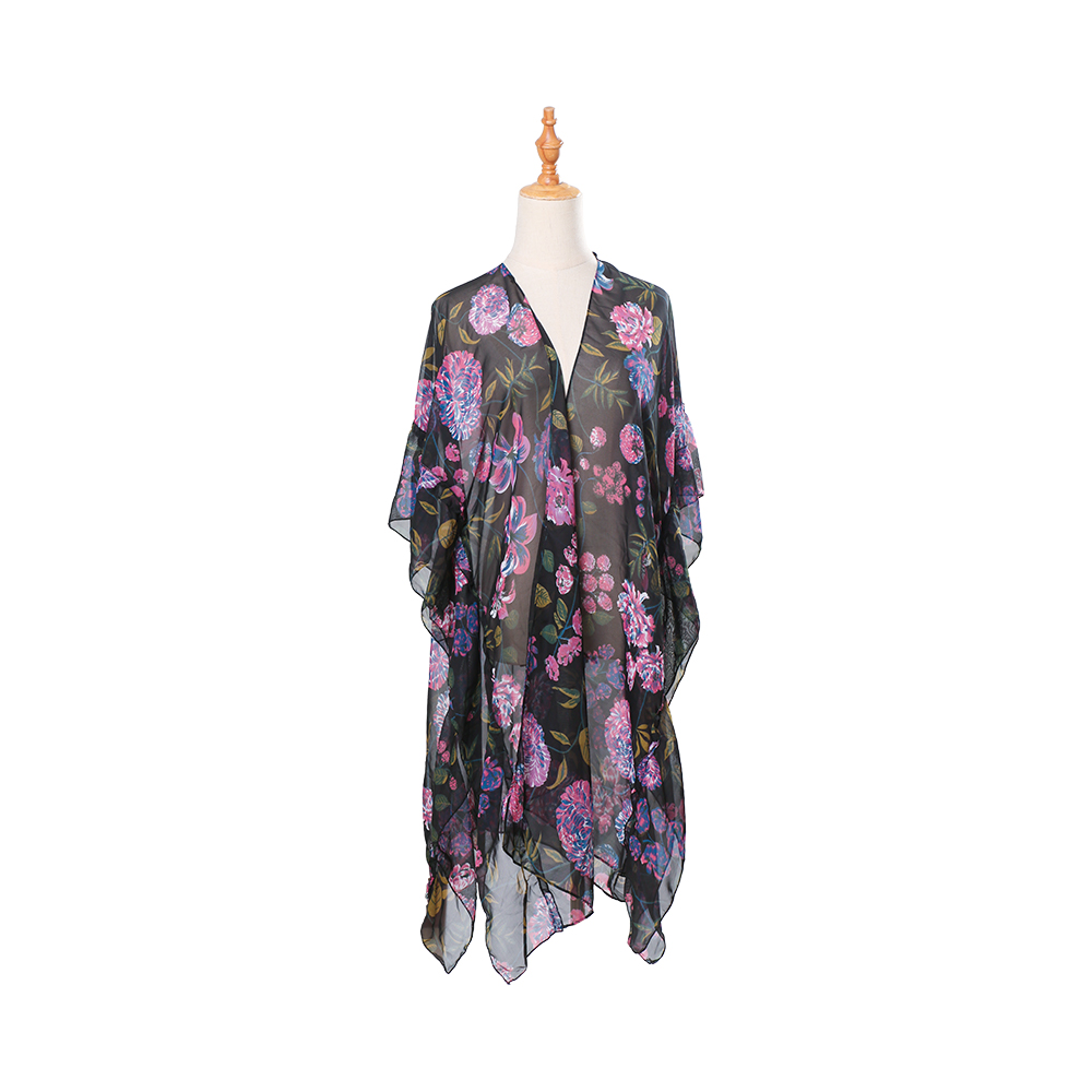 Cardigan kimono in chiffon con maniche a sbuffo con stampa floreale da donna, top camicetta casual con copertura ampia