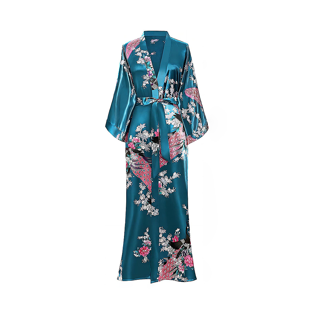 Vestaglia kimono da donna, lunghe vesti con camicia da notte kimono stampata con pavoni e fiori