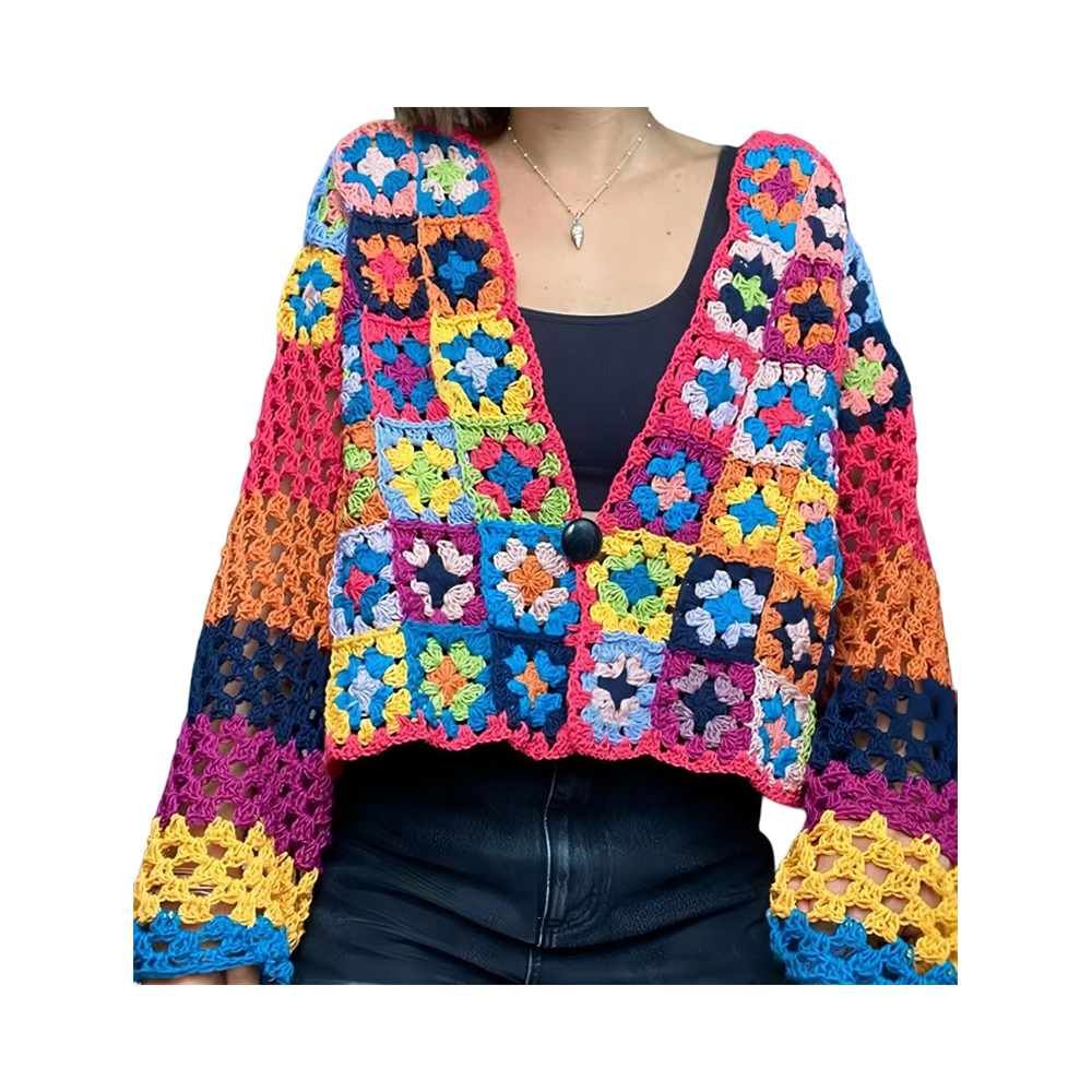 Cappotto cardigan quadrato Granny giacca patchwork colorata cardigan maglione fatto a mano all'uncinetto